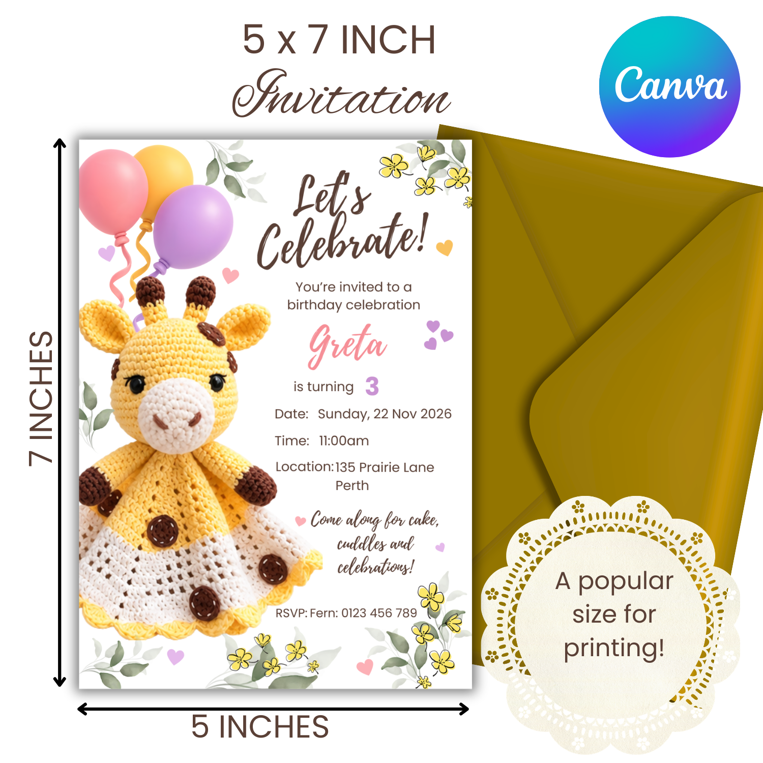 Greta Giraffe Birthday Invitation, Any Age, Editable Canva Template, Digital Download - Image 5