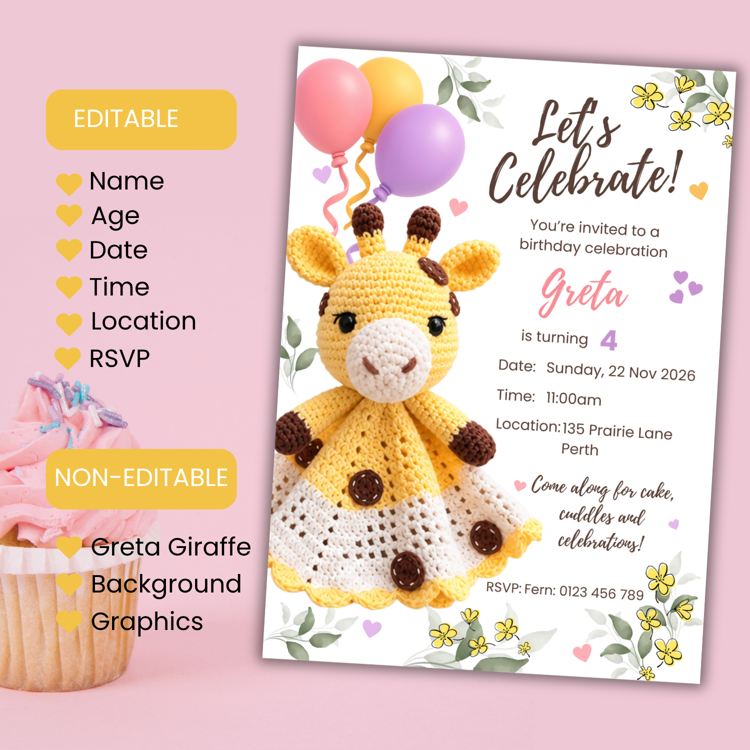 Greta Giraffe Birthday Invitation, Any Age, Editable Canva Template, Digital Download - Image 4