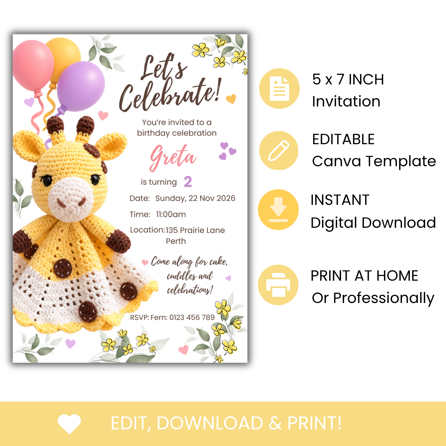 Greta Giraffe Birthday Invitation, Any Age, Editable Canva Template, Digital Download - Image 2