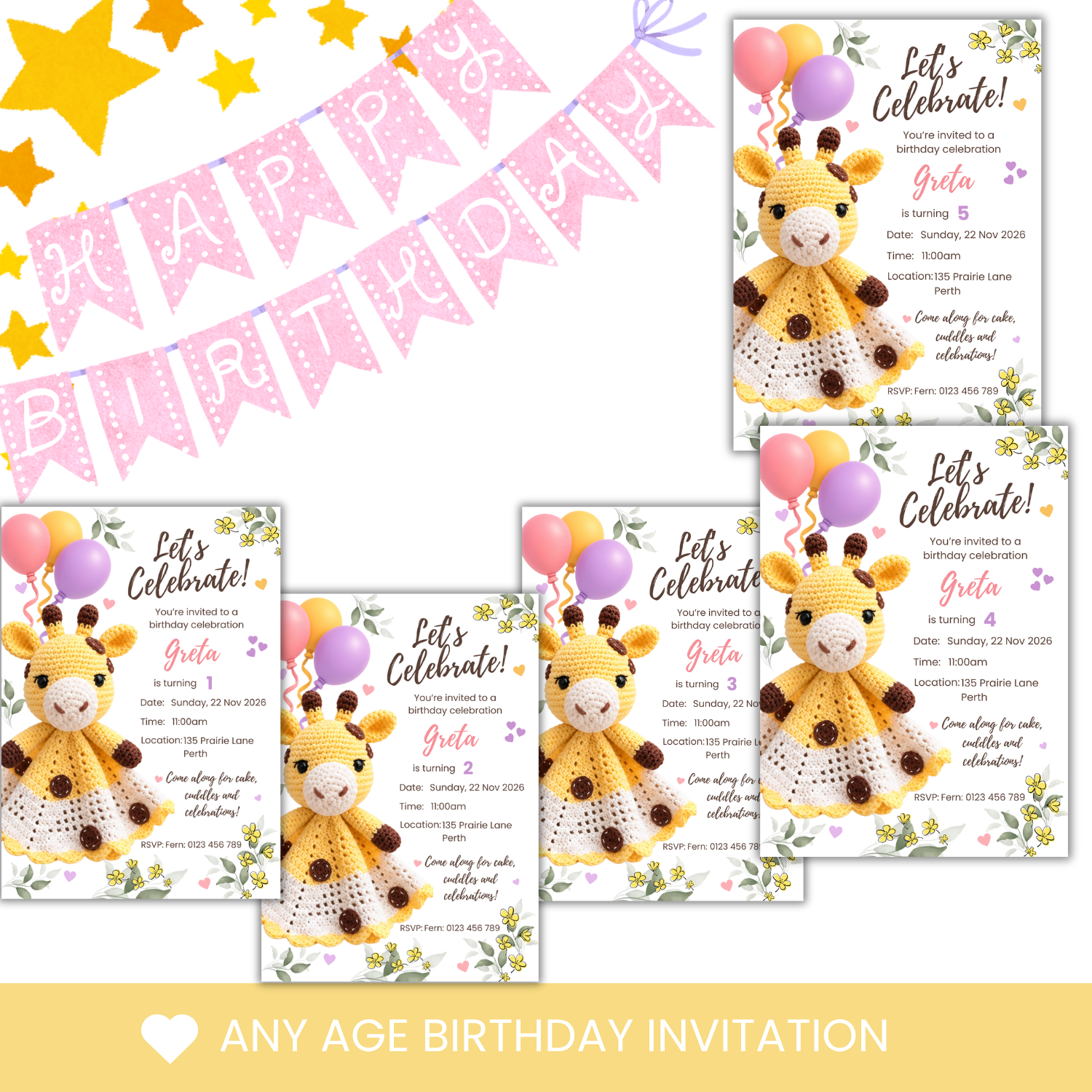 Greta Giraffe Birthday Invitation, Any Age, Editable Canva Template, Digital Download - Image 3