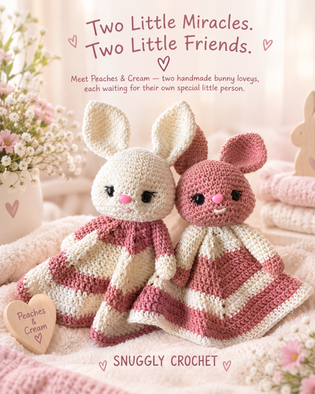 Peaches & Cream – Handmade Crochet Bunny Loveys for Twins